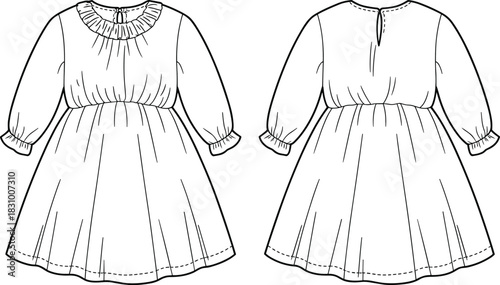 Puff sleeve gathered dress fashion sketch, keyhole back design, front back technical flat, cad drawing flat vector illustration