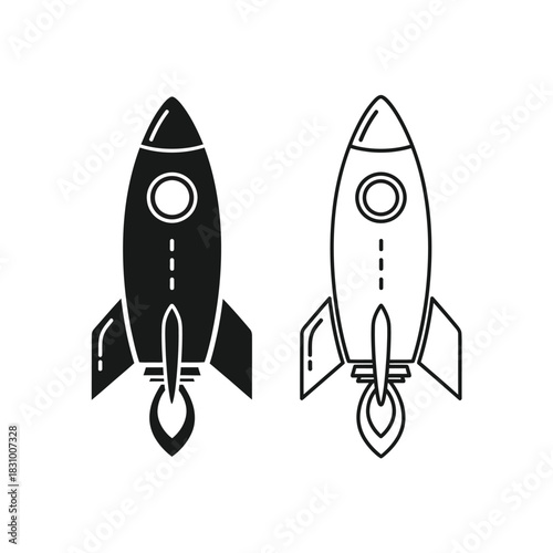 Retro rocket ship icons, one solid black, one outline, launching with flame and smoke. 100
