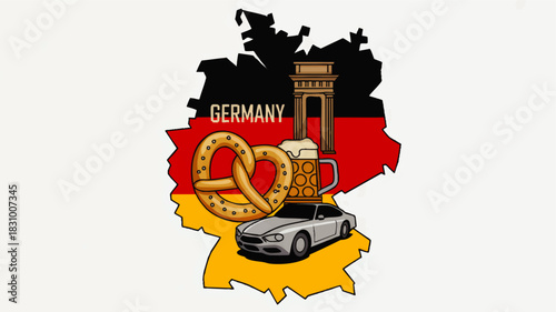 Germany travel illustration with pretzel beer mug sports car and Brandenburg Gate on German flag map silhouette