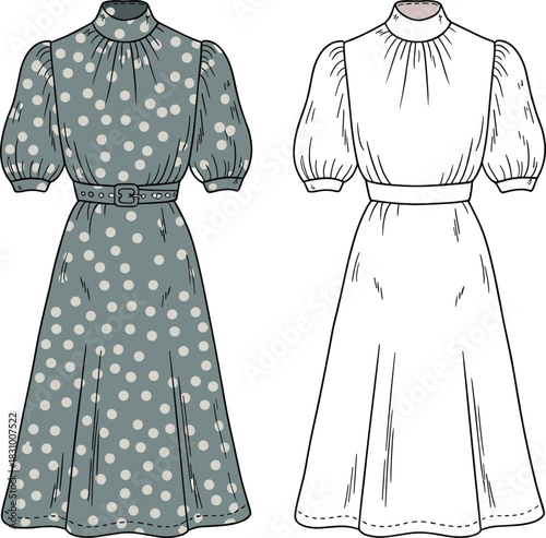 Puff-sleeve mid-calf dress sketch, keyhole neckline and belted waist detail, front view, colored and technical illustration