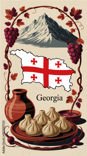 Georgia travel poster with national flag map, Caucasus mountains, wine grapes, qvevri pottery and traditional khinkali dumplings