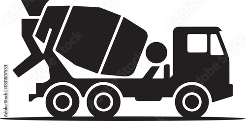 Cement mixer truck vector icon silhouette representing heavy construction industry and building transportation.