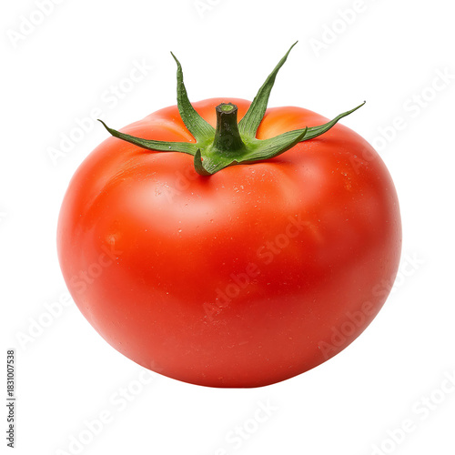 Fresh Red Tomato With Smooth Skin and Green Stem on a White Background