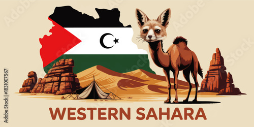 Western Sahara desert landscape illustration with camel, fennec fox, dunes, rocks, tent and national flag map on beige background