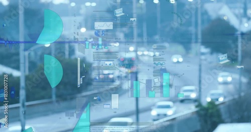 Faint icons appearing, overlays growing into charts while cars moving, visualizing traffic data