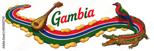 Colorful Gambia culture illustration with flag ribbon, kora, peanuts, tropical bird and decorative crocodile on transparent