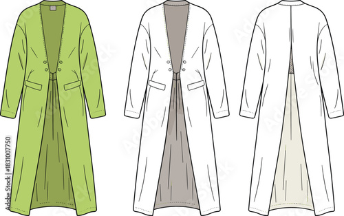 Long pleated coat sketch, double-button and flap pocket detail, front and back view, cad drawing flat vector illustration