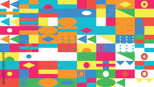 Vibrant geometric pattern with colorful shapes and playful design