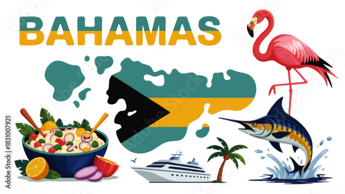 Colorful Bahamas travel illustration with island map, flag, flamingo, marlin fish, tropical food, cruise ship and palm tree