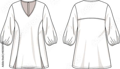 Three-quarter puff sleeve blouse sketch, V-neckline and princess seam detail, front and back view, vector illustration