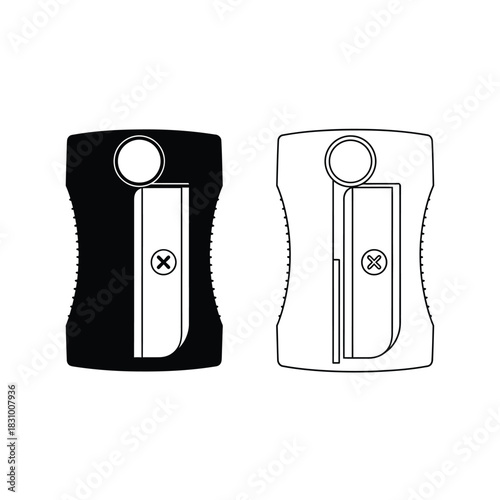 Two pencil sharpeners, one black silhouette and one outline, isolated on white background, graphic design elements