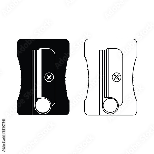 Two pencil sharpeners, one black silhouette and one outline, isolated on white background. one black. 100 characters.