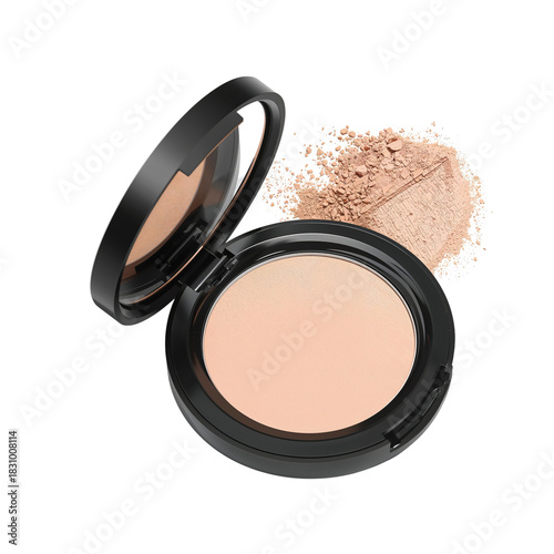 Compact Powder in Black Case Open to Reveal Soft Beige Color for Makeup Appli...