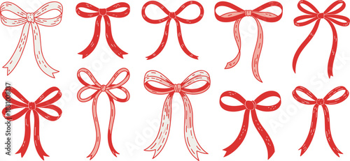 Stylized decorative bow illustration set, ribbon design elements for fashion, gift wrap, crafting, cad drawing flat vector collection