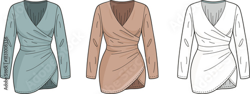 Long-sleeved wrap top sketch, V-neckline and asymmetrical hem detail, multi-color front view, cad drawing vector illustration