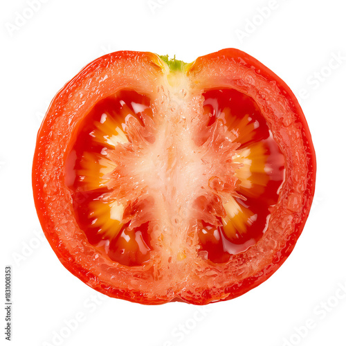 Bright Red Tomato Cut in Half Showing Seeds and Inner Texture