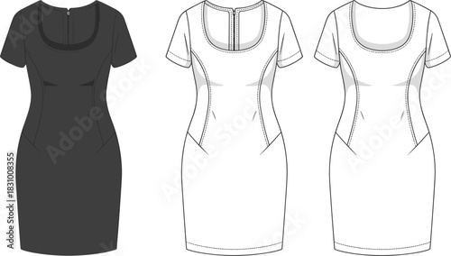 Short-sleeved fitted dress sketch, scoop neckline and princess seam detail, front and back view, cad drawing flat vector illustration