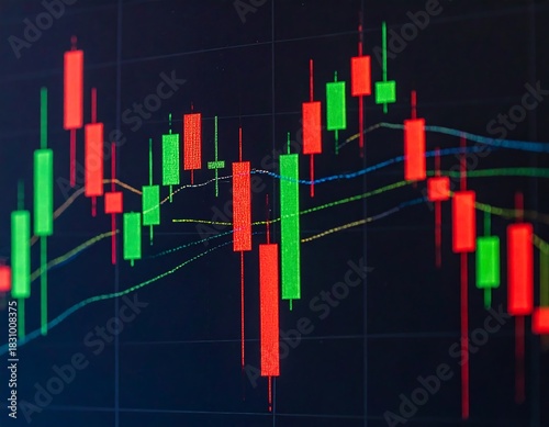 Candlestick chart display showing red and green bars with thin lines on a dark background