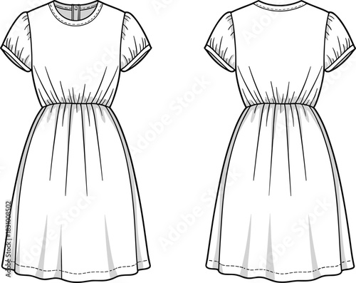 Short-sleeved gathered waist dress sketch, front and back fashion view, round neckline detail, cad drawing flat vector illustration