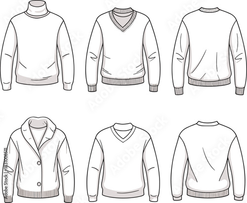 Sweater and cardigan fashion sketch, turtleneck and V-neck styles, front back view, cad drawing flat vector illustration