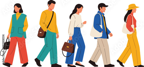 Walking people illustration featuring diverse fashionable men and women in casual outfits carrying bags, perfect for lifestyle design, advertising, and modern projects