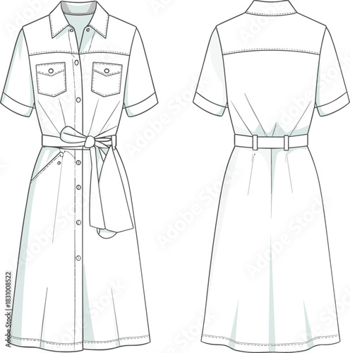 Short sleeve shirt dress technical sketch, front and back view, belt detail, button placket, fashion flat, cad drawing flat vector illustration