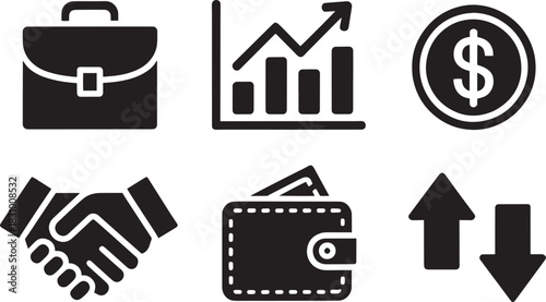 Business and finance icons set including briefcase graph money handshake wallet arrows symbols