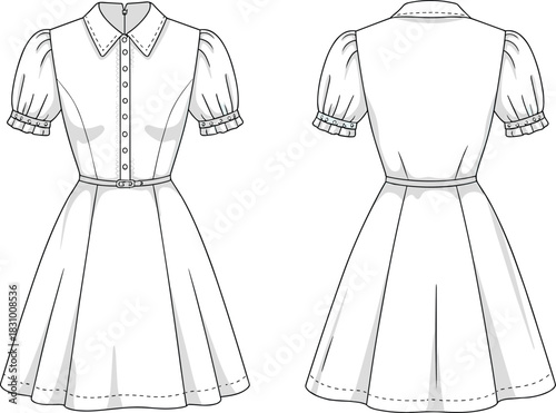Short-sleeved puff dress sketch, ruffled cuff and flared skirt detail, front and back view, vector illustration