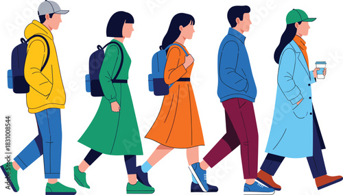 Walking people wearing colorful casual outfits with backpacks and coats, modern flat illustration of urban pedestrians for design, posters, projects and advertisingt