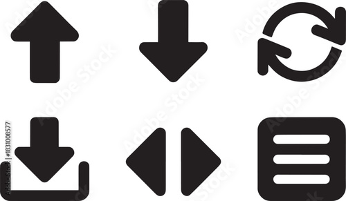 Collection of essential user interface icons featuring arrows direction movement refresh download menu lists