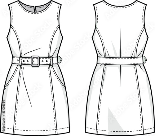 Sleeveless belted dress sketch, princess seam and slanted pocket detail, front and back view, cad vector illustration