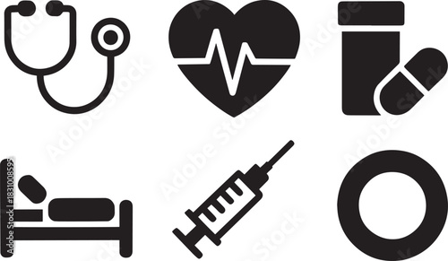 Collection of health medical treatment patient care icons featuring cardiology hospital surgical procedures and medicine