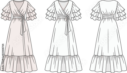 Ruffle sleeve wrap dress fashion sketch, front and back garment template, clothing flat drawing, cad drawing flat vector illustration