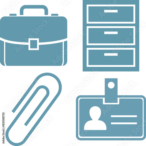 Blue briefcase filing cabinet paperclip and ID badge icons portfolio luggage