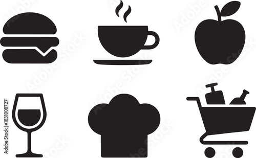 Food and drink culinary icons set with burger coffee apple glass of wine chef hat and shopping cart