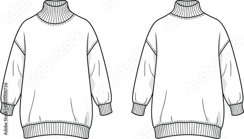 Turtleneck sweater sketch, ribbed collar, cuff and hem detail, front and back view, cad drawing flat vector illustration