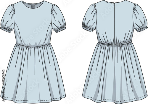 Puff-sleeve short dress sketch, gathered skirt and round neckline detail, front and back view, cad drawing flat vector illustration