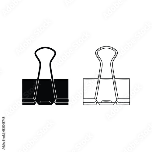 Black binder clip and outline of binder clip isolated on white background for office supplies and stationery concepts