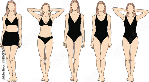 Women swimsuit fashion poses set showing various swimwear styles and body silhouettes, minimal vector illustration for summer beachwear design collection
