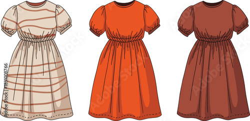 Puff sleeve flared dress fashion sketch set, color and stripe variation, garment template, cad drawing flat vector illustration