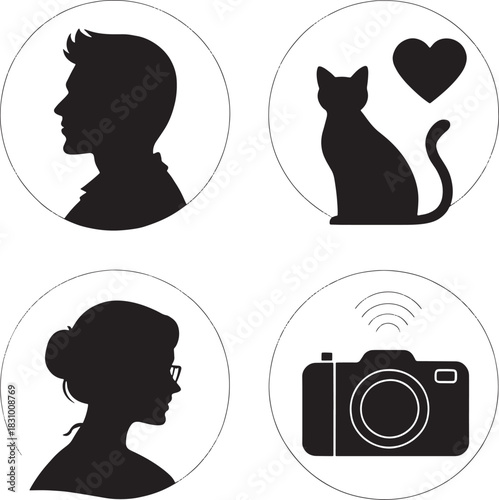 Black silhouette icons of man woman cat heart and camera in circles profile