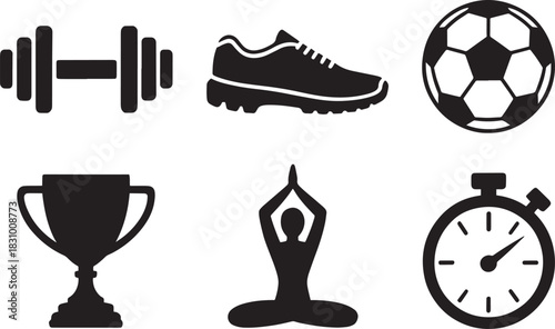 Sport fitness icons set gym and physical activity symbols including ball weights and stopwatch