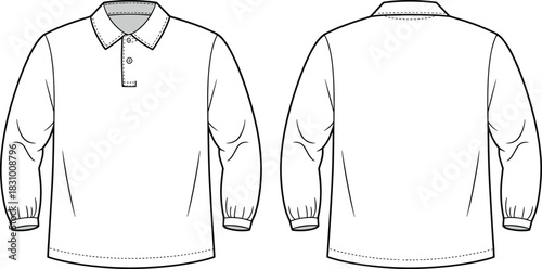 Long-sleeved polo shirt sketch, classic collar and button placket detail, front and back view, cad vector illustration
