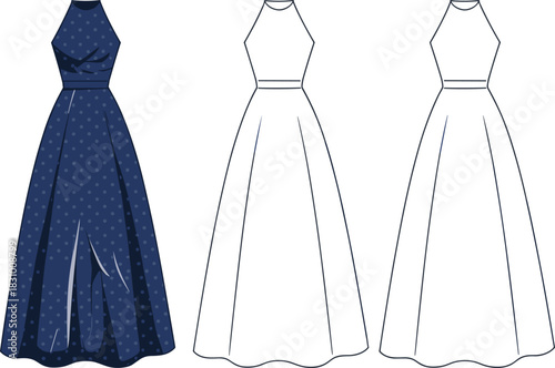 Sleeveless floor-length gown sketch, polka dot fabric, front and back view, fashion flat, cad drawing flat vector illustration