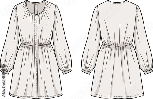 Puff-sleeve button-down dress sketch, gathered neckline and flared silhouette detail, front and back view, cad drawing flat vector illustration