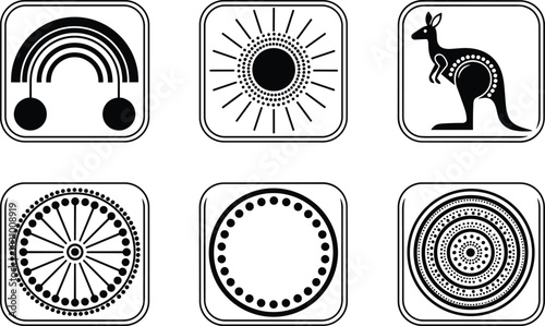 Aboriginal inspired icon set featuring kangaroo symbol, rainbow motif, sun design, dot art circles, traditional patterns for cultural illustration branding