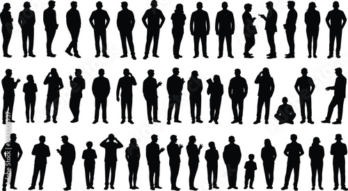 Human posture silhouettes, standing poses, sitting figures, gesture icons, black silhouettes, adult and child, interaction set, isolated body shapes