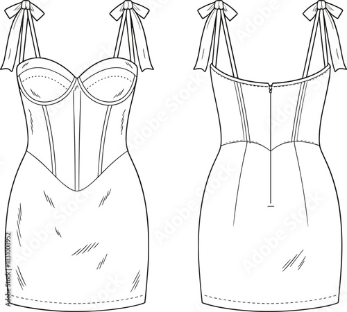 Bodycon dress fashion sketch, underwire bodice design, bow strap detail, front back technical flat, cad drawing flat vector illustration