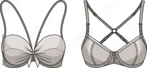 Bra design technical sketch, plunge and racerback styles, front and back view, fashion flat, cad drawing flat vector illustration