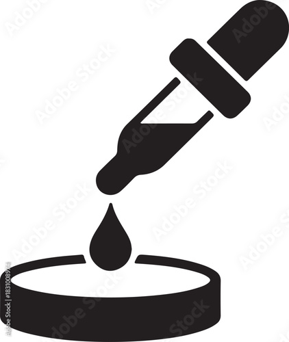 Dropper dispensing liquid into a petri dish vector icon representing science laboratory research and medical testing